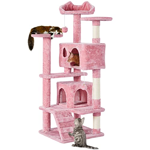 Yaheetech 54in Cat Tree Tower, Multi-Level Cat Tree for Indoor Cats with Scratching Posts, Dangling Balls Cat Play House, Pink