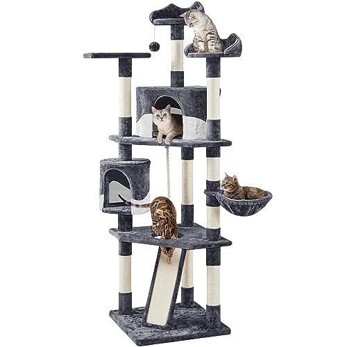 Yaheetech 79in Multi-Level Cat Trees Indoor Cat Tower with Sisal-Covered Scratching Posts, Plush Perches and Condo for Kittens, Cats and Pets - Dark Gray and White