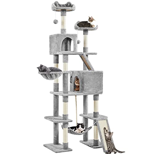 Yaheetech 82.5in Large Cat Tree, Multi Level Cat Tower w/ 2 Cozy Condos, 2 Cat-Ear Perches, Scratching Posts, Hammock, Basket, Cat Furniture for Indoor Cats, Kittens, Light Gray