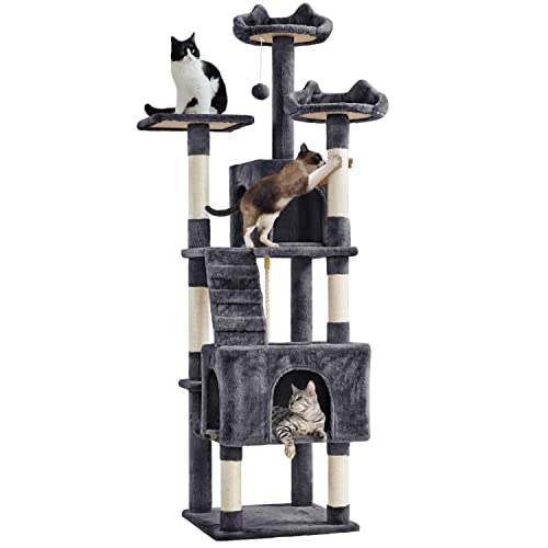 Yaheetech XL Cat Tree, 72in Multi-Level Cat Tower w/ 2 Cozy Caves, 3 Soft Perches, Scratching Posts, Board, and Dangling Ball, Cat Furniture Cat Play House Kittens, Dark Gray