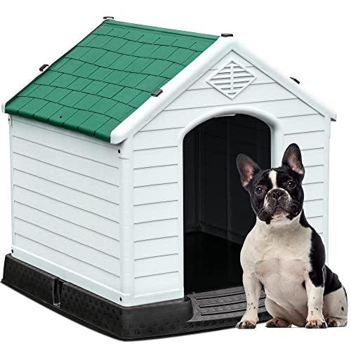 YITAHOME Large Plastic Dog House Outdoor Indoor Doghouse Puppy Shelter Water Resistant Easy Assembly Sturdy Dog Kennel with Air Vents and Elevated Floor (28.5''L*26''W*28''H, Green)