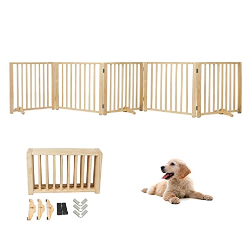 YOCAN Freestanding Wooden Dog Gates -Foldable Pet Gate Indoor Dog Fence, Dog Gate for Doorways, House, Stairs, Halls-5 Panel 16.9"