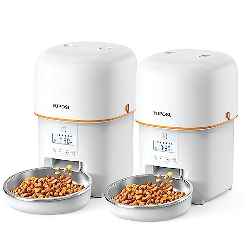 Yuposl Automatic Cat Feeders for 2-2L 2Packs, Over 180-day Battery Life Schedual Timed Pet Feeder, Automatic Dog Feeder 1-6 Meals Control, with Two Stainless Bowls,Pet Food Dispenser Dry Food