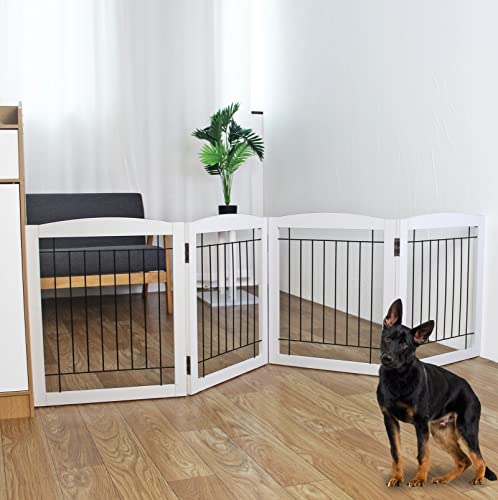 ZJSF Freestanding Foldable Dog Gate for House Extra Wide Wooden White Indoor Puppy Gate Stairs Dog Gates Doorways Tall Pet Gate 4 Panels Fence 80‘’W x 24''H