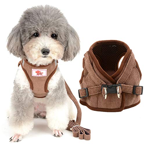 Zunea Small Dog Harness and Leash Set No Pull Adjustable Reflective Step-in Puppy Boy Girl Vest Harnesses Soft Corduroy Mesh Padded for Pet Dogs Cats Chihuahua Brown M