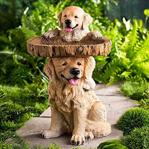 10in Polyresin Dog Bird Bath with Brown Pedestal, Handmade Pet Golden Retriever Wild Bird Feeder and Birdbath Bowls Tree Stump for Outdoors Home Garden Backyard Landscape Decorations (C)