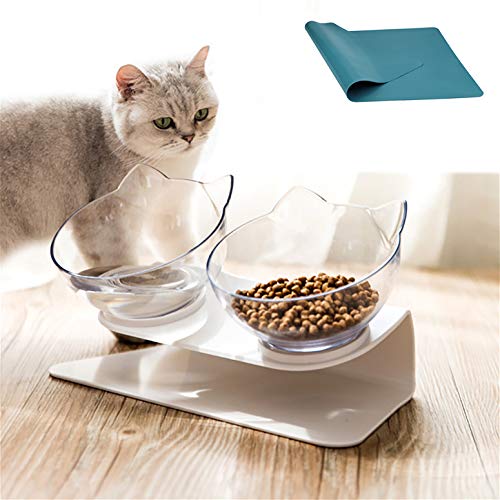 15°Elevated Cat Food Bowls with Silicone Pet Mat, Double Raised Cat Transparent Plastic Bowl with Stand, Stress-Free Suit for Cats and Small Dogs, Anti Vomiting cat Bowl, Cute Cat Face Bowl