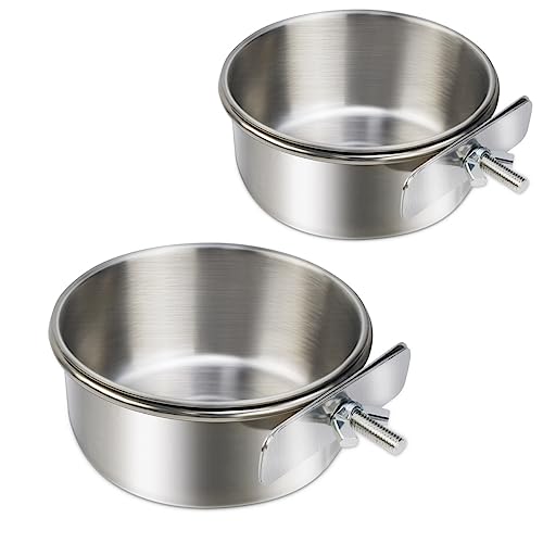 2 Pack Stainless Steel Bird Bowls for Cage Parrot Food Water Bowl Bird Feeding Dish Cups Parrot Food Water Feeder Pet Hanging Bowl Crate Coop Cups with Clamp Holder for Small Animal Dog Parakeet