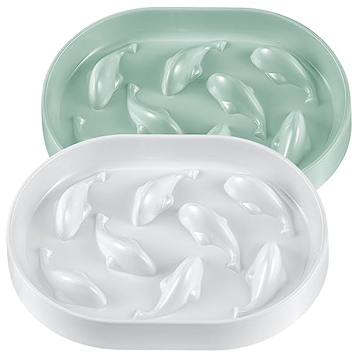 2 Pcs Slow Feeder Cat Bowl Slow Eating Cat Food Bowl Interactive Bloat Stop Puzzle Cat Bowl Fun Slow Feed Raised Dish for Cats Pet Wet Dry Food Feeding Healthy Eating, Fish Pool Design (White, Green)