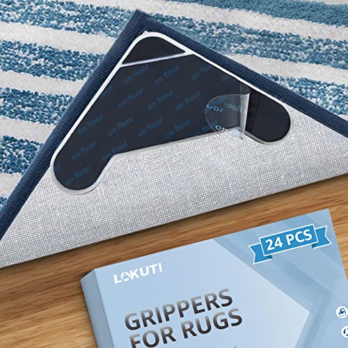 24 PCS Grippers for Rugs, Dual Sided Anti Curling Rug Tape Grippers for Hardwood Floors, Reusable Non Slip Double Sided Adhesive Carpet Tape Rug Pad Grips Rug Corners by Lakuti(Black)