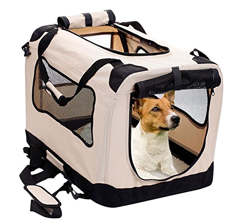 2PET Foldable Dog Crate - Soft, Easy to Fold & Carry Dog Crate for Indoor & Outdoor Use - Comfy Dog Home & Dog Travel Crate - Strong Steel Frame, Washable Fabric Cover, Frontal Zipper Medium Beige