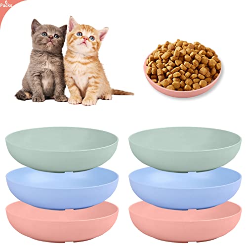 6-Pieces Whisker Fatigue Cat Bowl - 5.5 Inch Shallow Cat Food Dish Wide Cat Wet Feeding Bowls, PET Plate for Kittens and Short Legged Cat, Wheat Straw