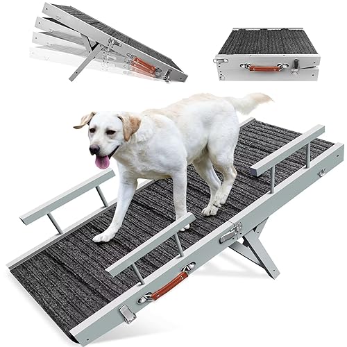 Adjustable Dog Ramp, ELMONA Folding Dog Ramp with 4 Guardrails for All Dogs, 32.7" Long and Adjustable from 10” to 19”- Up to 200lbs, Pet Ramp for Bed, Sofa, Car, Wooden Grey Finish