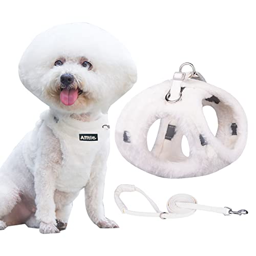 AIITLE Soft Plush Dog Harness and Leash Set - Pet Supply No Pull, Step in Adjustable Dog Harness Padded Vest for Cold Weather, Easy to Put on Medium and Large Dogs White L