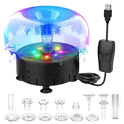 AISITIN 2.5W Fountain Pump with LED Light and Nozzles, DIY Water Fountain Pump Kit with 15.8 ft USB Power Cord and AC Adapter, Water Pump for Bird Bath, Ponds, Garden, Outdoor and Indoor, Black