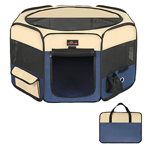 Aivituvin Portable Pet Playpen, 29" Foldable Dog Playpen for Dogie Kitten Rabbit, Exercise Playpen Tent Indoor/Outdoor Use with Carrying Case, Water-Resistant and Removable Shade Cover
