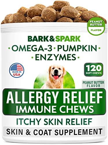 Allergy Relief Dog Treats - Omega 3 + Pumpkin + Enzymes - Itchy Skin Relief - Seasonal Allergies - Anti-Itch & Hot Spots - Immune Supplement - Made in USA - Peanut Butter Flavor Chews