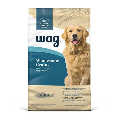 Amazon Brand – Wag Dry Dog Food, Salmon and Brown Rice, 30 lb Bag (Packaging May Vary)