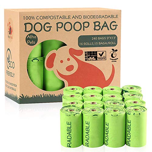 Atha Pets Poop Bags for Dog Waste-240, Vegetable-Based, Compostable & Biodegradable, No Harm for Our Planet Earth. Heavy Duty, Leek Proof