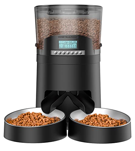 Automatic Cat Feeder, HoneyGuaridan 4.5L Pet Feeder for 2 Cats Dogs Food Dispenser Auto Cat Feeder – 6 Meal Portion Control, Distribution Alarm, Programmable Timer Feeder, 10s Voice Recorder (Black)
