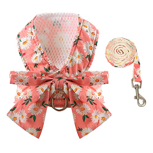 BAEJMJK Dog Harness and Leash Set with Bow Knot No Pull Pet Daisy Floral Harness with D-Ring Soft Mesh Dog Harness Vest Set Escape Proof Princess Puppy Harness for Small Girl Dogs Cats（Pink XS）