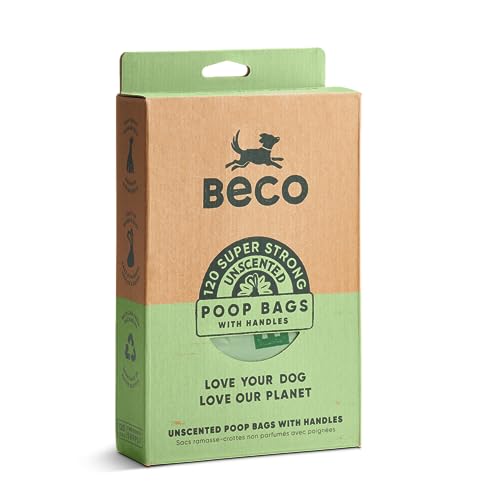 Beco Big & Strong Dog Poop Bags - 120 Handle Tie Bags (Packed Flat in Box Dispenser),Leak Proof - Unscented - 100% Post Consumer Recycled Plastic