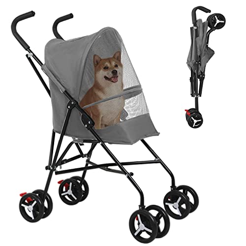 BestPet Pet Stroller Dog Cat Stroller with Handlebars Canopy Breathable Mesh & Leash Seat Belt Foldable Puppy Stroller for Travelling Shopping Walking Playing for Small Medium Dogs Cats (Grey)