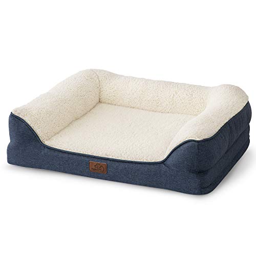 Besure Memory Foam Dog Bed for Medium Dogs - Orthopedic Egg Foam Dog Sofa Bed with Soft Sherpa Surface, Bolster Pet Couch with Removable Washable Cover, Waterproof Layer and Nonskid Bottom, Denim Blue