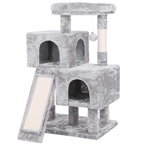 BEWISHOME Cat Tree Condo with Sisal Scratching Posts, Scratching Board, Plush Perch and Dual Houses, Cat Tower Furniture Kitty Activity Center Kitten Play House, Light Grey MMJ10G