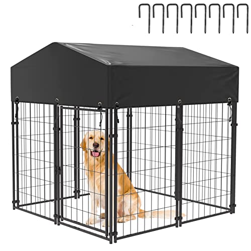 BingoPaw Large Dog Kennel Outdoor: Puppy Inside Play Pen Panels with Stakes Waterproof UV Protection Roof - Dog Backyard Black Runner Corral Kennels Shelter for Small Medium Size Dogs