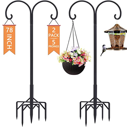 Bird Feeder Pole,Double Shepherds Hooks for Outdoor,5 Base Prongs Adjustable Bird Feeder Stand for Hanging Heavy Duty Bird Feeder,Plant Baskets,Garden Plant Hanger Stands(78Inch,2 Pack)