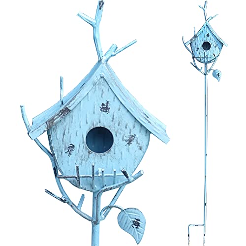 Bird Houses for Outside with Pole, Metal Birdhouse Stake for Outdoors Rustic Bird House On Pole Stand Farmhouse Birdhouse Decor Decorative Garden Yard Art 39" H Blue