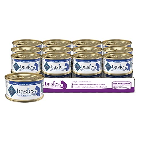 Blue Buffalo Basics Skin & Stomach Care, Grain Free Natural Adult Pate Wet Cat Food, Indoor Duck 3-oz cans (Pack of 24)