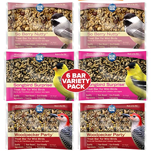 Blue Seal Suet Treat Bars for Wild Birds - No Mess Suet Feed, Food for Woodpeckers, Cardinals, Siskins, Sparrows & More - 8 oz Suet Feeder, Bird Seed Cakes (Variety Pack of 6)