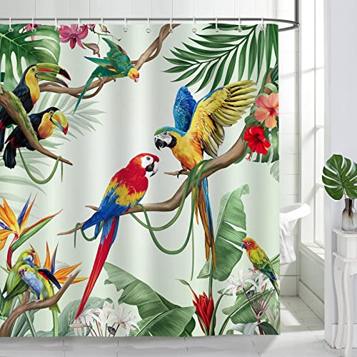 Bonhause Tropical Bird Shower Curtain for Bathroom Parrot Toucan Leaves Summer Decorative Bath Curtain 72 x 72 Inch Polyester Fabric Waterproof Bathroom Curtain with 12 Hooks