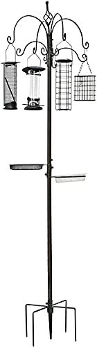 BTEXPERT 6-Hook Bird Bath Feeding Station Kit, 4 Wild Bird Multi Feeders Pole Steel Hanging Stand Planter Suet Wire Peanut Tube Feeder Attract Birds 22" Wide x 96" Tall Mesh Tray 5-Prong Base Bronze