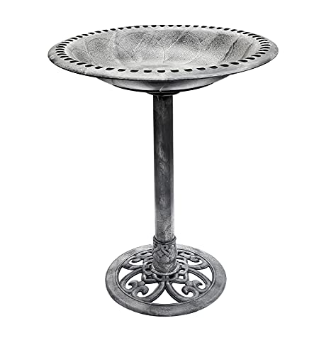 BTEXPERT BB5187 Stone Gray Birdbath 28" Height Pedestal Bird Bath Antique Outdoor Garden Decor Vintage Yard Art Resin Fleur de lis Accents