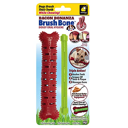 BulbHead Bonanza Toothbrush, Infused with Real Flavor – Dogs Chewing, Plaque and Tartar Remover for Teeth, Works 3 Ways to Clean While They Play, 1 Count (Pack of 1), Brush Bone Bacon