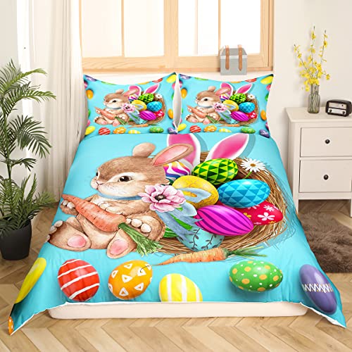 Bunnies Duvet Cover Easter Theme Bedding Set for Boys Teens Youth,Easter Eggs Nest Comforter Cover Cute Rabbit Pet Animal Quilt Cover Queen Size Greetings and Presents for Easter Day