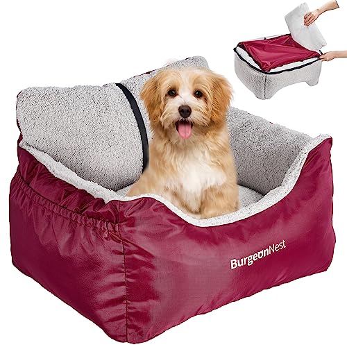 BurgeonNest Dog Car Seat for Small Dogs, Fully Detachable and Washable Dog Carseats Small Under 25, Soft Dog Booster Seats with Storage Pockets and Clip-On Leash Portable Dog Car Travel Carrier Bed