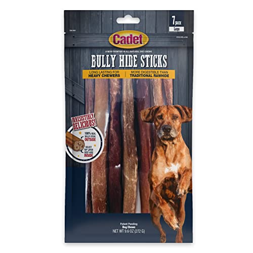 Cadet Bully Hide Sticks for Dogs - All-Natural Bully Stick & Beef Hide Dog Chews - Long Lasting Bully Sticks Alternative Made with 2 Ingredients - Dog Chews for Aggressive Chewers, Large (7 Count)