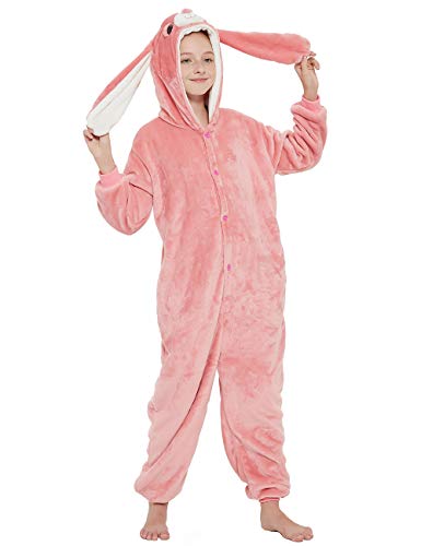 CALANTA Easter Bunny Onesie Rabbit Animal Kids Unisex Onepiece Pajamas Halloween Cosplay Party Costume.Pink Bunny, 9-10 Years