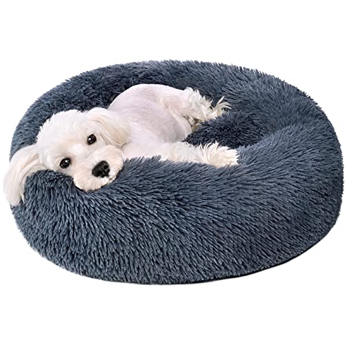 Calming Comfort Donut Dog Beds for Medium Large Small Dogs, Soft Anti-Anxiety Pet Bed for Dogs & Cats, Washable Fluffy Faux Fur Round Bed, Cute Puppy Cushion Bed