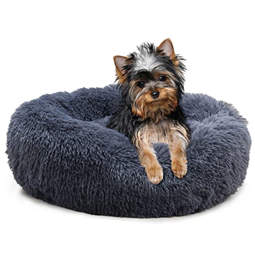 Calming Dog Bed for Small Dogs Washable Bed for Dogs with Anxiety,Small Donut Cuddler Dog Bed Self Warming 20 Inch,Small Round Soft Fluffy Grey Faux Fur Dog Bed for Dogs Under 10 lb