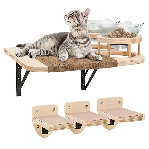 Cat Hammock Cat Wall Shelves with 3 Steps, Cat Shelves and Perches with 2 Cat Food Shelf, Cat Climbing Shelf Cat Scratching Post Cat Wall Shelf for Indoor, Cat Steps with Plush Covered, Gift for Cat…