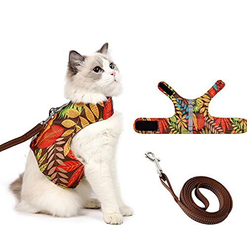 Cat Harness and Leash for Walking Escape Proof Air Mesh Fabric Outdoor Walking Vest with Reflective Strips for Cute Cats and Small Dogs(M, Gold)