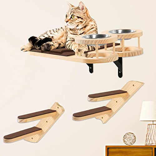 Cat Wall Shelves, Cat Feeding Shelf with Steps- Include Cat Food Shelf, 2 Cat Food Bowl and Cat Ladder, Wall Mounted Cat Feeder Shelf, Cat Furniture Wall for Indoor Playtime and Relaxation