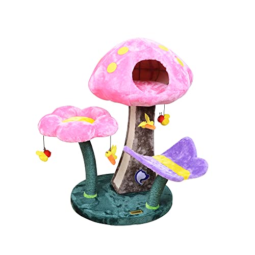 Catry Cat Tree – Nature Looking of Cat beds and Furniture All-in-1, Allure Cats Love to Lounge in and Lazily Recline While Playing with Cute Bees Toys and Scratching Post, Mushroom