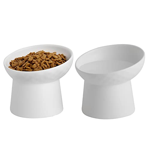 Ceramic Raised Cat Bowls, Elevated Tilted Cat Food and Water Bowls Set, Porcelain Stress Free Pet Feeder Dish for Cats and Small Dogs, Dishwasher and Microwave Safe, Set of 2(White)