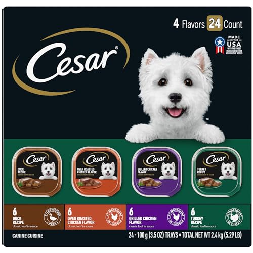 CESAR Adult Wet Dog Food Classic Loaf in Sauce Poultry Variety Pack,. Easy Peel Trays with Real Chicken, Turkey or Duck, 3.5 Ounce (Pack of 24)
